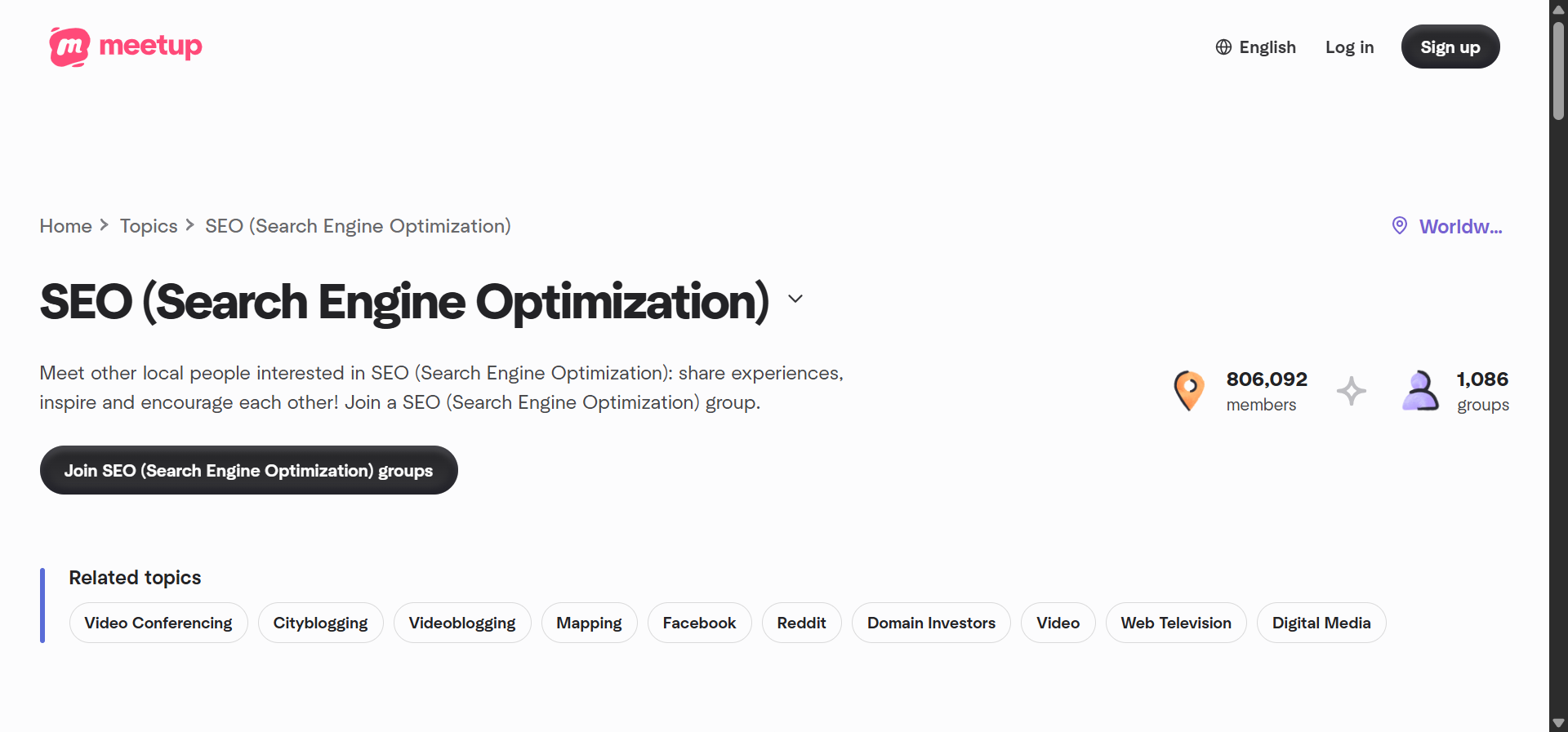 [Screenshot description: Meetup.com search results page showing SEO groups]