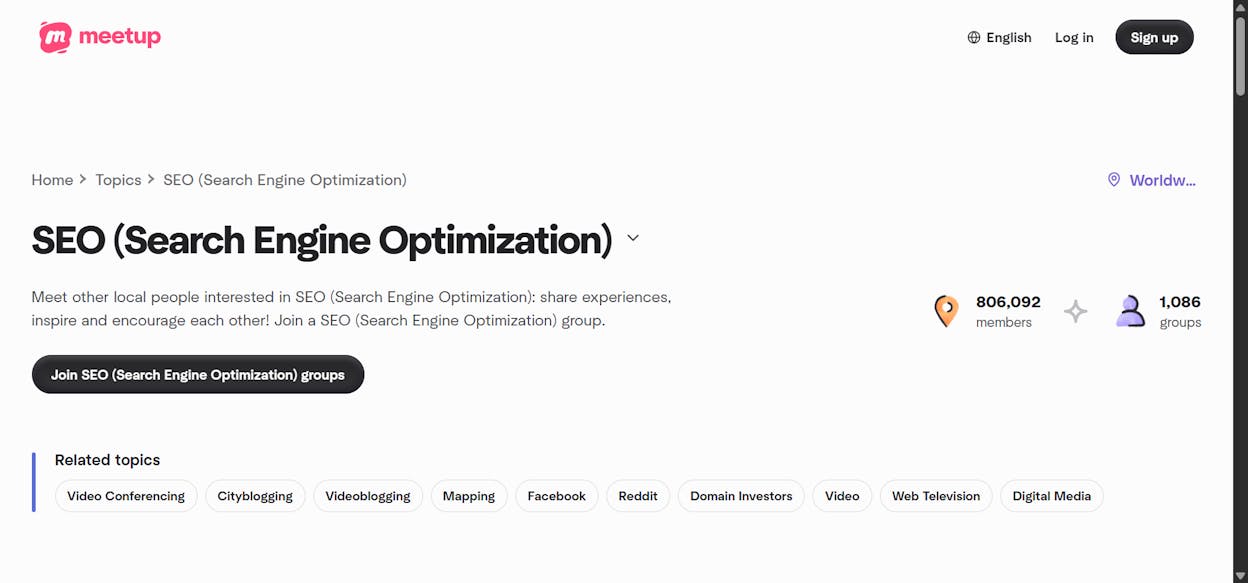 [Screenshot description: Meetup.com search results page showing SEO groups]