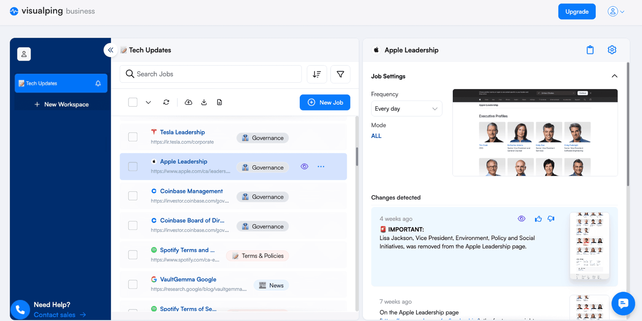 [Screenshot: Visualping dashboard showing a monitored page with a detected title change highlighted]