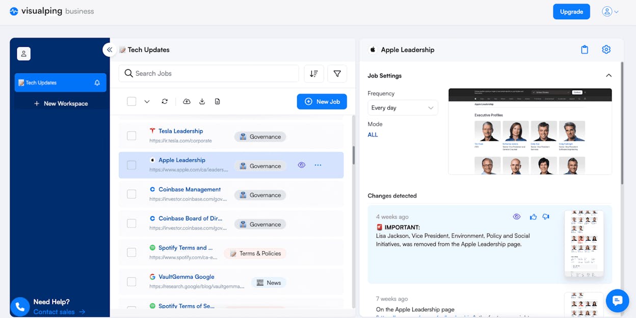[Screenshot: Visualping dashboard showing a monitored page with a detected title change highlighted]
