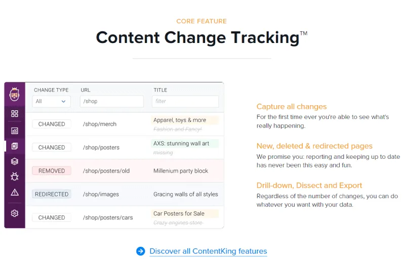 [Screenshot: ContentKing change tracking dashboard showing a diff view of body text changes on a page]