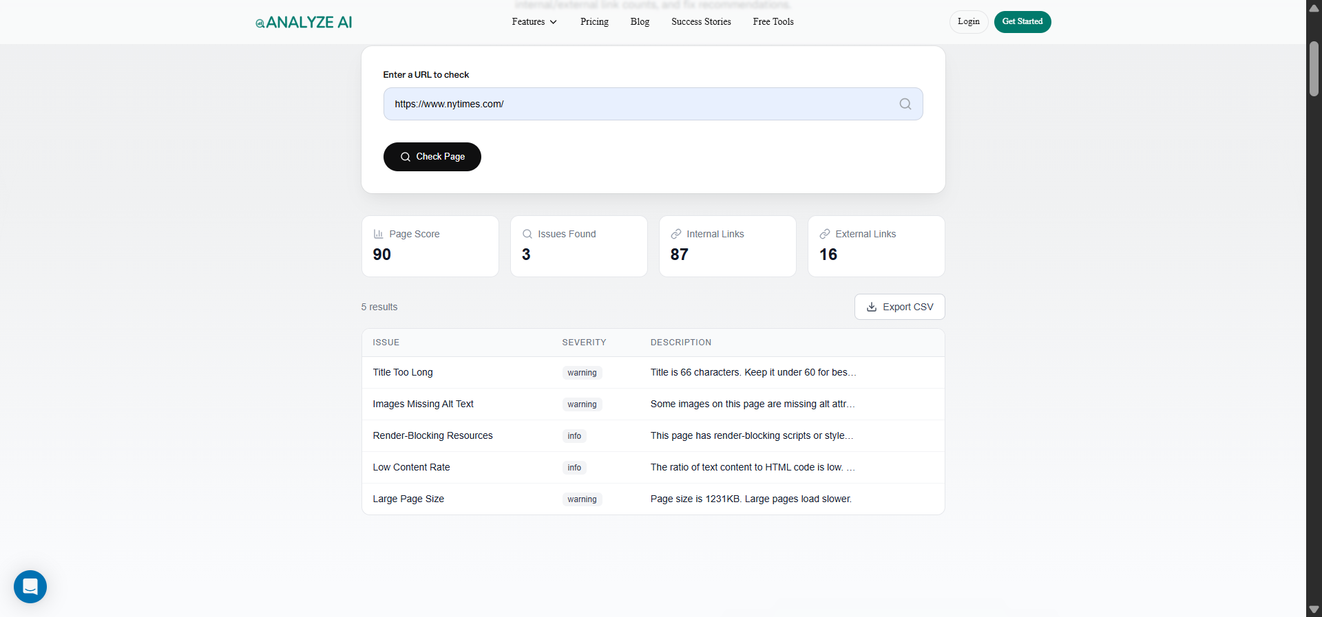 [Screenshot: Analyze AI Broken Link Checker showing results with broken internal links and their HTTP status codes]