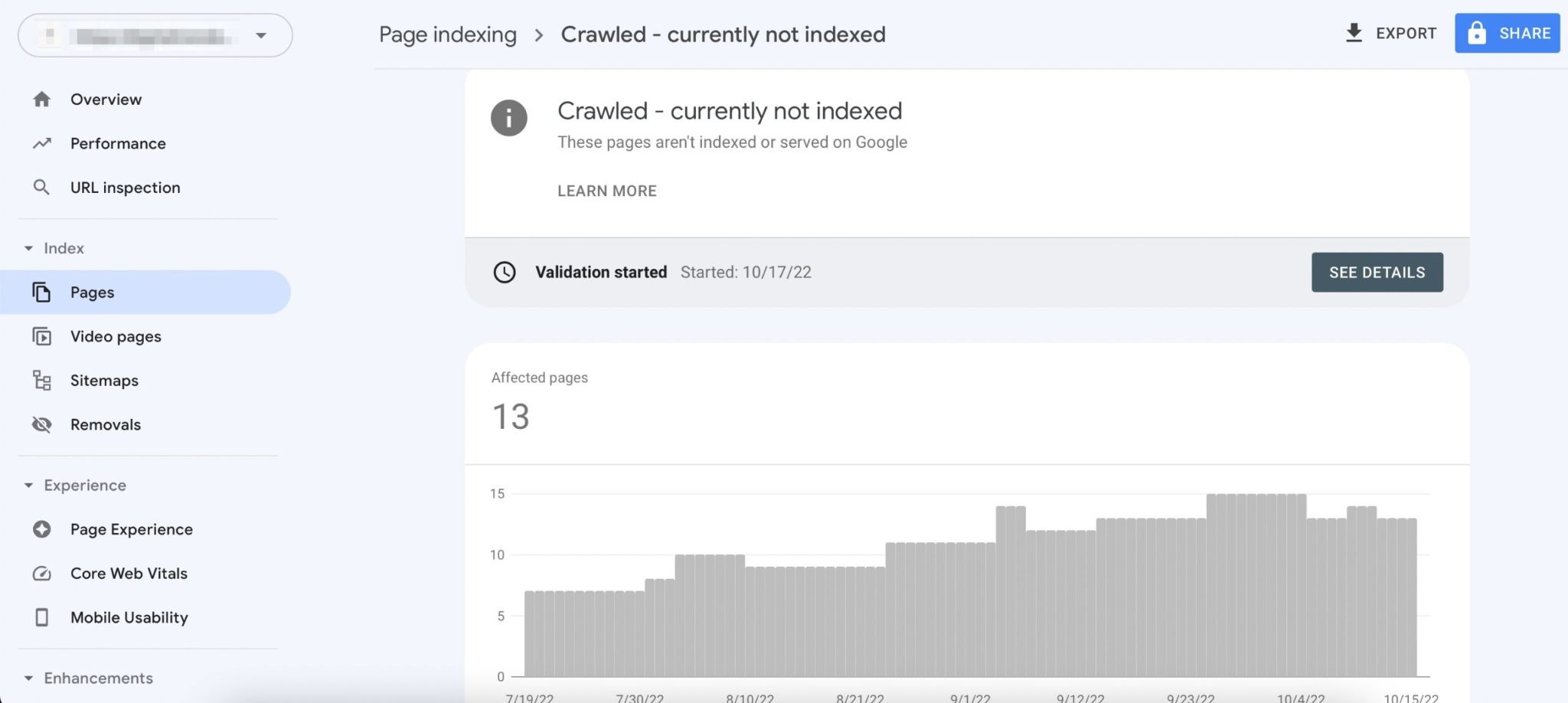 [Screenshot: Google Search Console Pages report showing indexation status breakdown with categories like &ldquo;Crawled - currently not indexed&rdquo;]