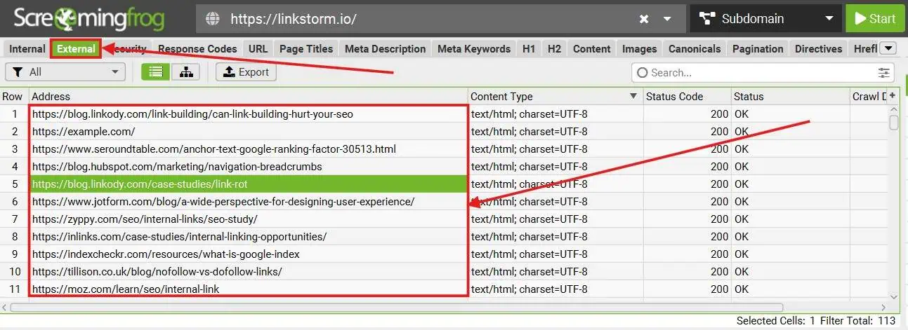 [Screenshot: Screaming Frog external links report showing all outgoing links sorted by target domain]
