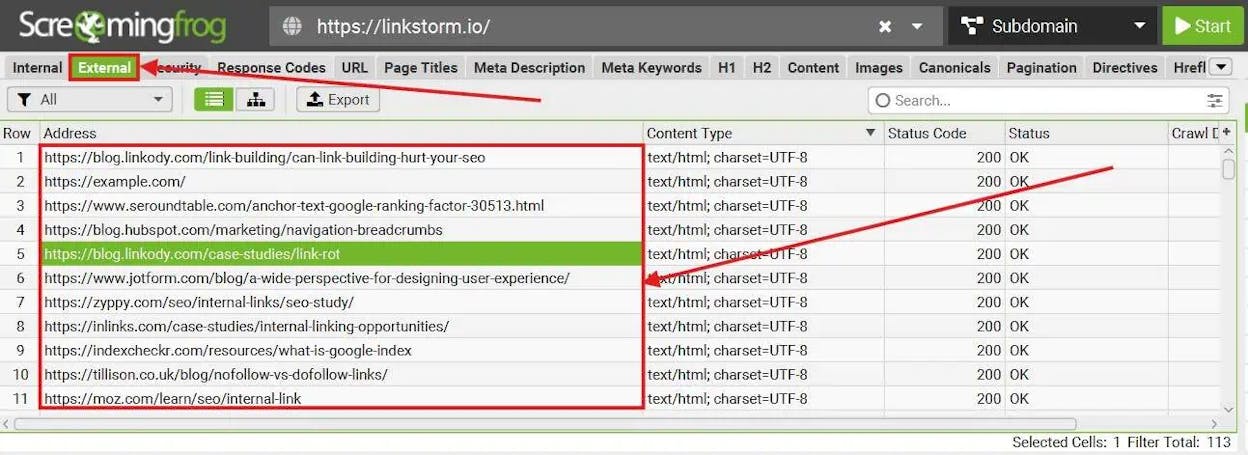 [Screenshot: Screaming Frog external links report showing all outgoing links sorted by target domain]