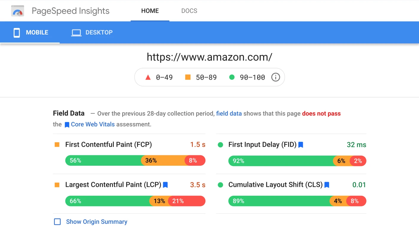 [Screenshot: PageSpeed Insights report showing Core Web Vitals metrics with pass/fail indicators]