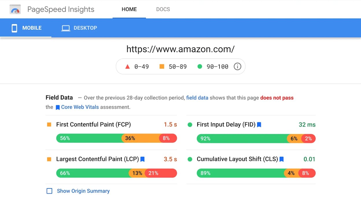 [Screenshot: PageSpeed Insights report showing Core Web Vitals metrics with pass/fail indicators]