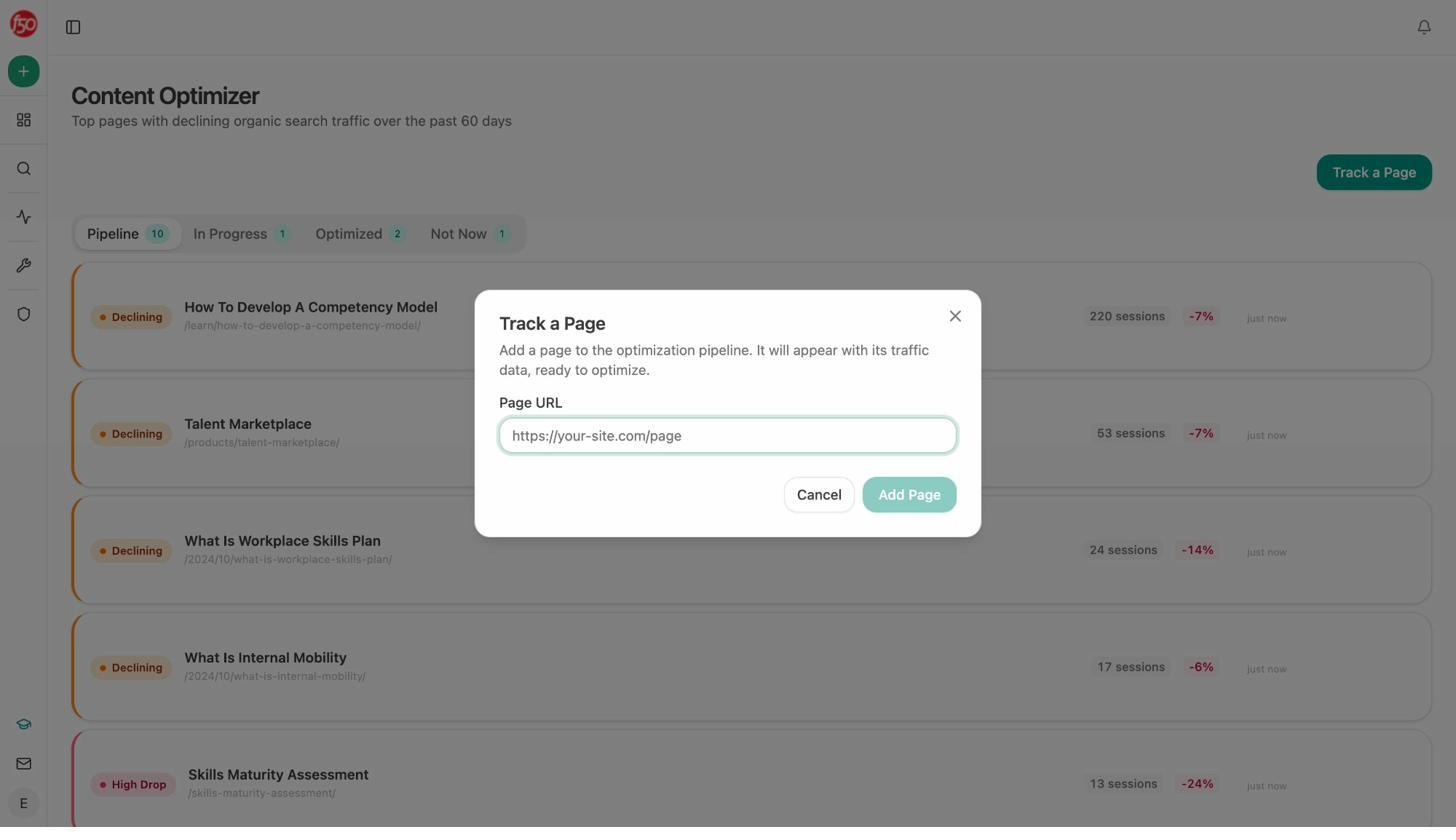 Analyze AI Content Optimizer showing top pages with declining organic search traffic, session counts, and percentage drops over the past 60 days