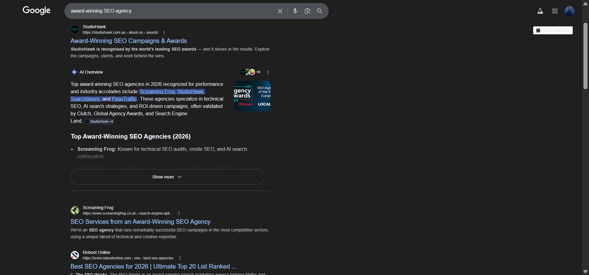 [Screenshot: Google search results for &ldquo;award-winning SEO agency&rdquo; showing dozens of agencies using that exact phrase]