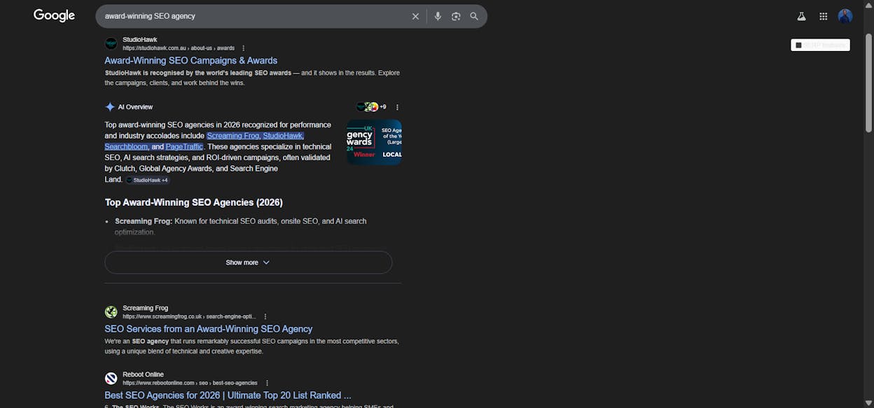 [Screenshot: Google search results for &ldquo;award-winning SEO agency&rdquo; showing dozens of agencies using that exact phrase]