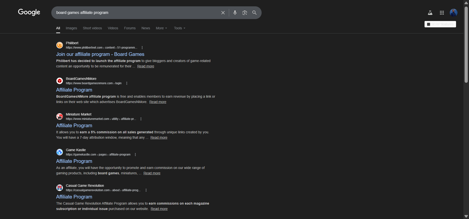 [Screenshot: Google search results for &ldquo;board games affiliate program&rdquo; showing multiple affiliate program options]