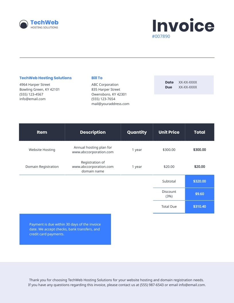 [Screenshot: Example invoice from a hosting provider showing domain + hosting + SSL for under $40/year]