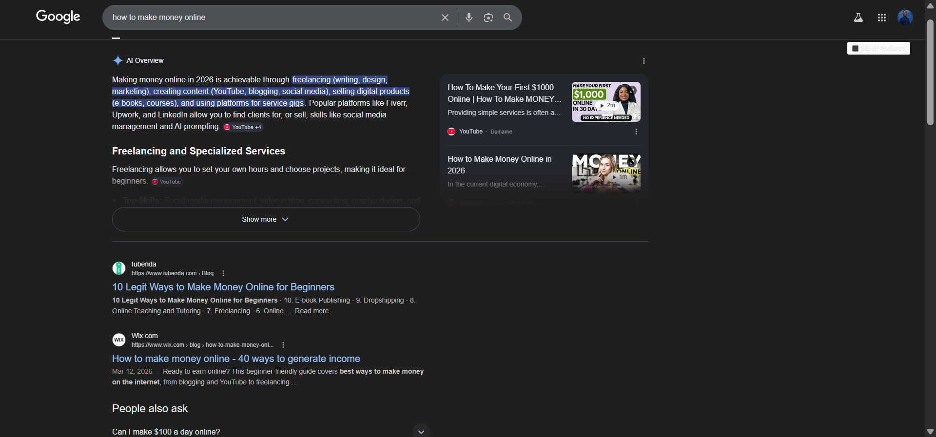 [Screenshot: Google SERP for &ldquo;how to make money online&rdquo; showing different title angles used by top-ranking results]