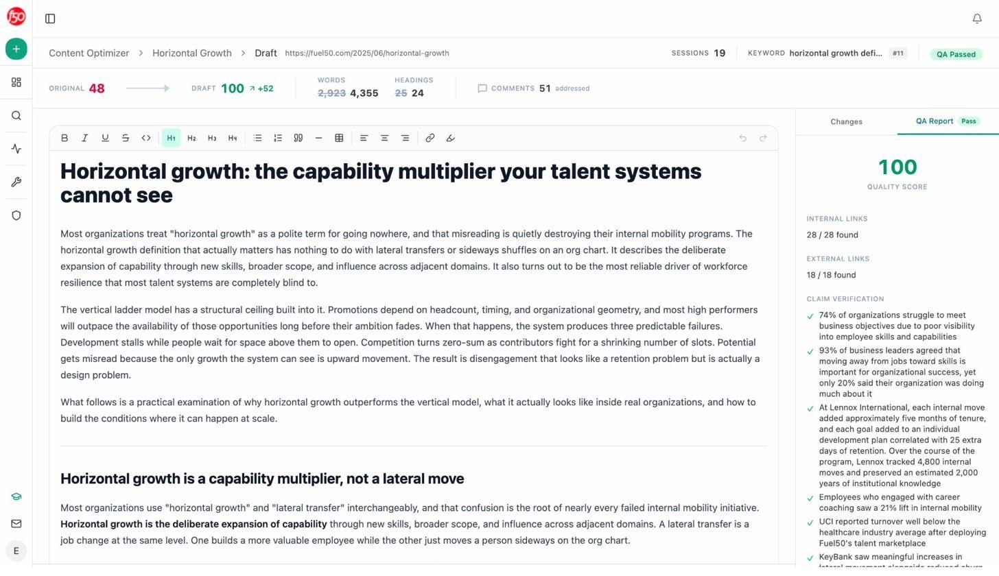 Analyze AI Content Optimizer showing the optimized content with improved scores