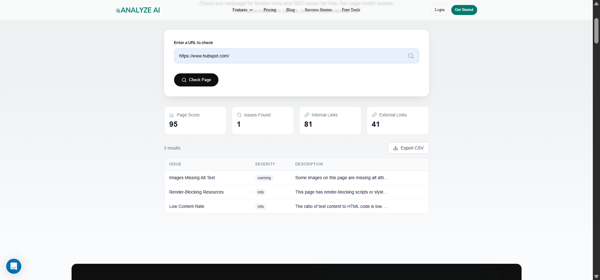 [Screenshot: Analyze AI broken link checker showing broken links found on a competitor site]