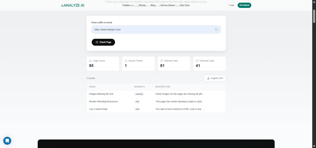 [Screenshot: Analyze AI broken link checker showing broken links found on a competitor site]