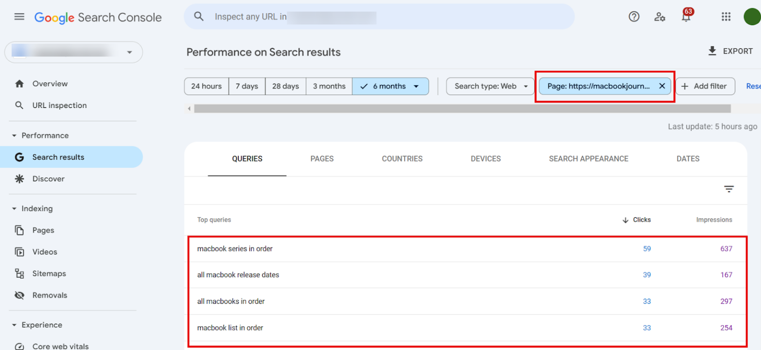 [Screenshot description: Google Search Console showing a keyword with multiple pages ranking in the Performance report, filtered by query]