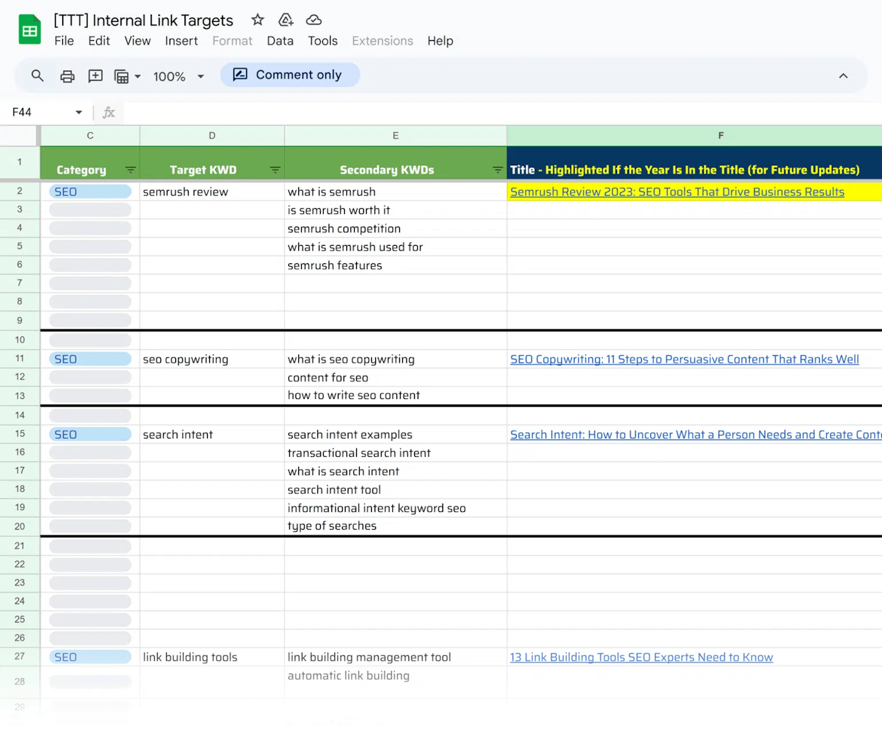 [Screenshot description: Spreadsheet showing a cannibalization audit with columns for keyword, URL 1, URL 2, intent match, position stability, and recommended action]