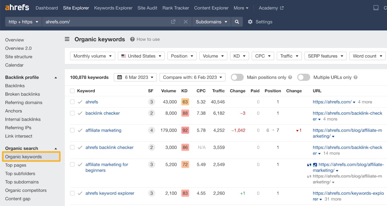 [Screenshot description: Ahrefs Site Explorer Organic Keywords report filtered to show only keywords with multiple URLs, displaying position and traffic data for each URL]