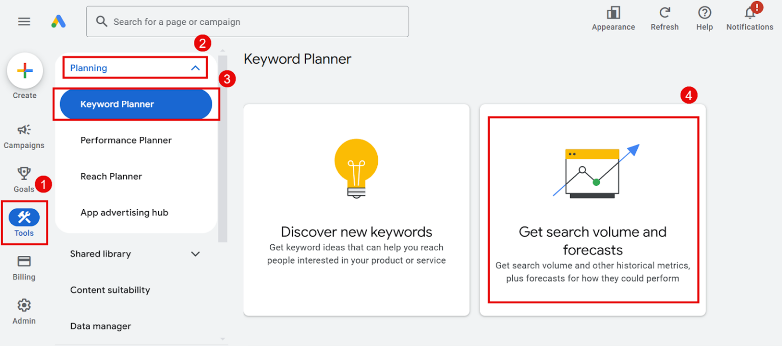[Screenshot: Google Keyword Planner showing search volume for keywords related to a sample B2B niche]