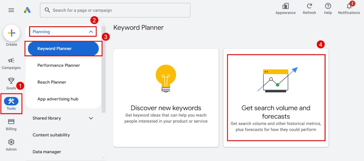 [Screenshot: Google Keyword Planner showing search volume for keywords related to a sample B2B niche]
