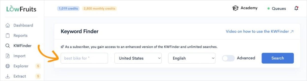 [Screenshot: Typing seed keywords into a keyword research tool&rsquo;s search bar]