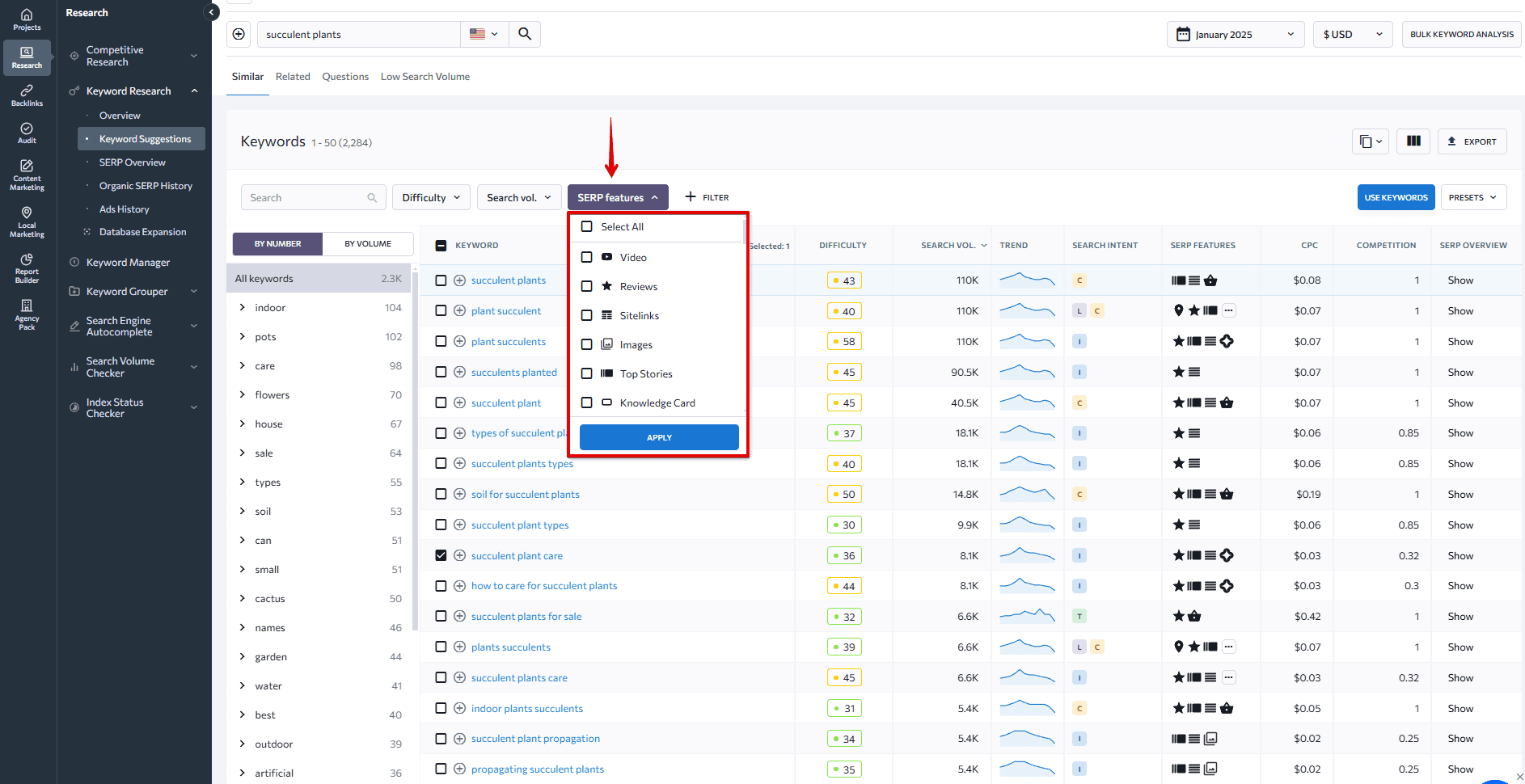 [Screenshot: Google SERP for a sample keyword showing the types of results that rank on page one]