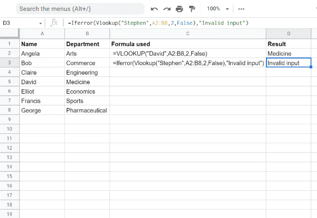 [Screenshot: Google Sheets showing the IFERROR-wrapped IF formula handling blank cells cleanly, displaying &ldquo;No Data&rdquo; instead of errors]
