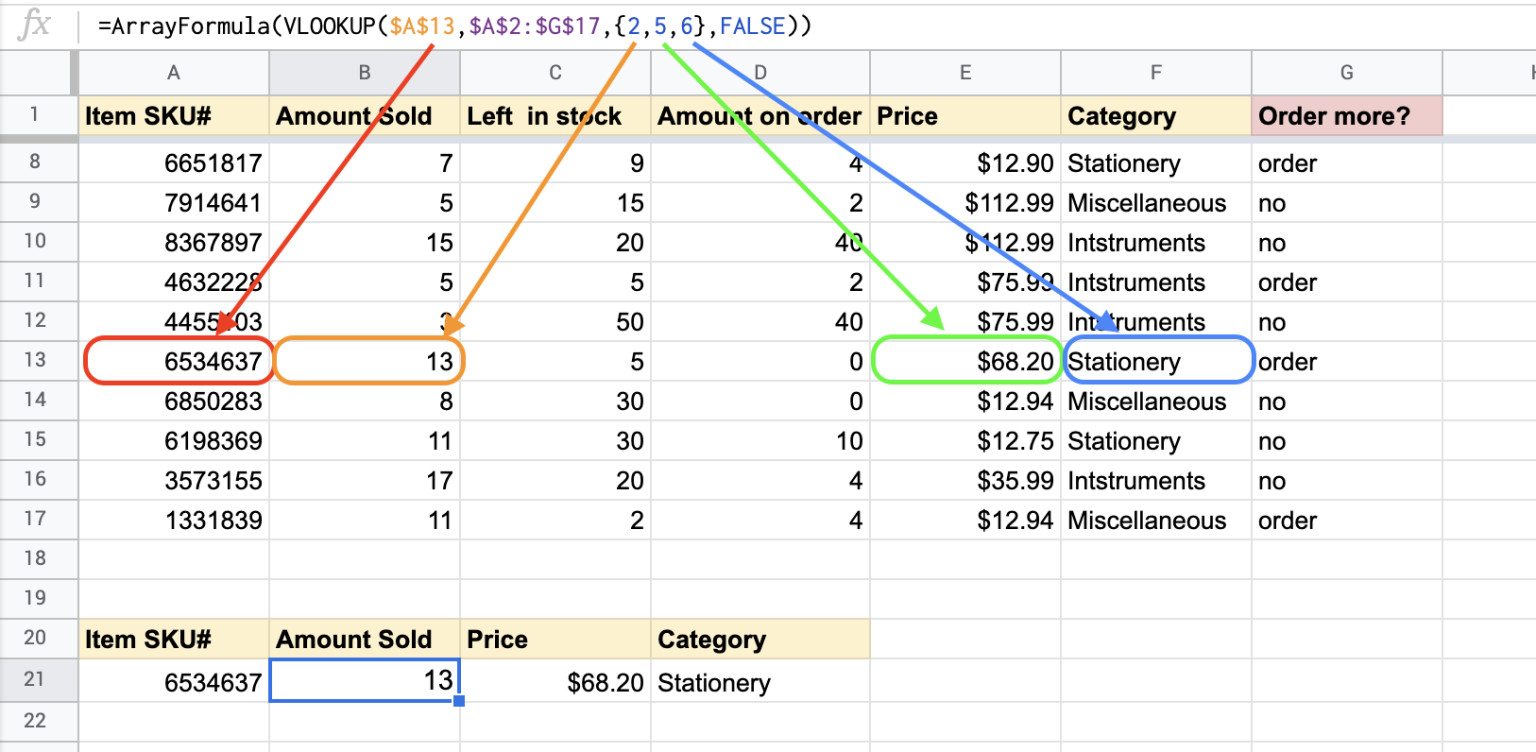 [Screenshot: Google Sheets showing ARRAYFORMULA populating an entire column from a single cell, with the formula highlighted in the formula bar]