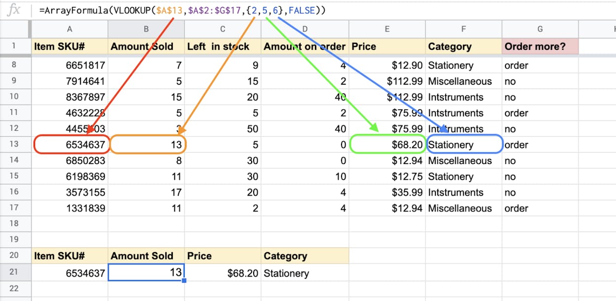 [Screenshot: Google Sheets showing ARRAYFORMULA populating an entire column from a single cell, with the formula highlighted in the formula bar]
