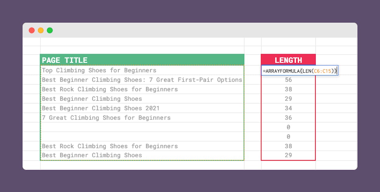 [Screenshot: Google Sheets showing the ARRAYFORMULA version filling ranking data for all keywords at once]