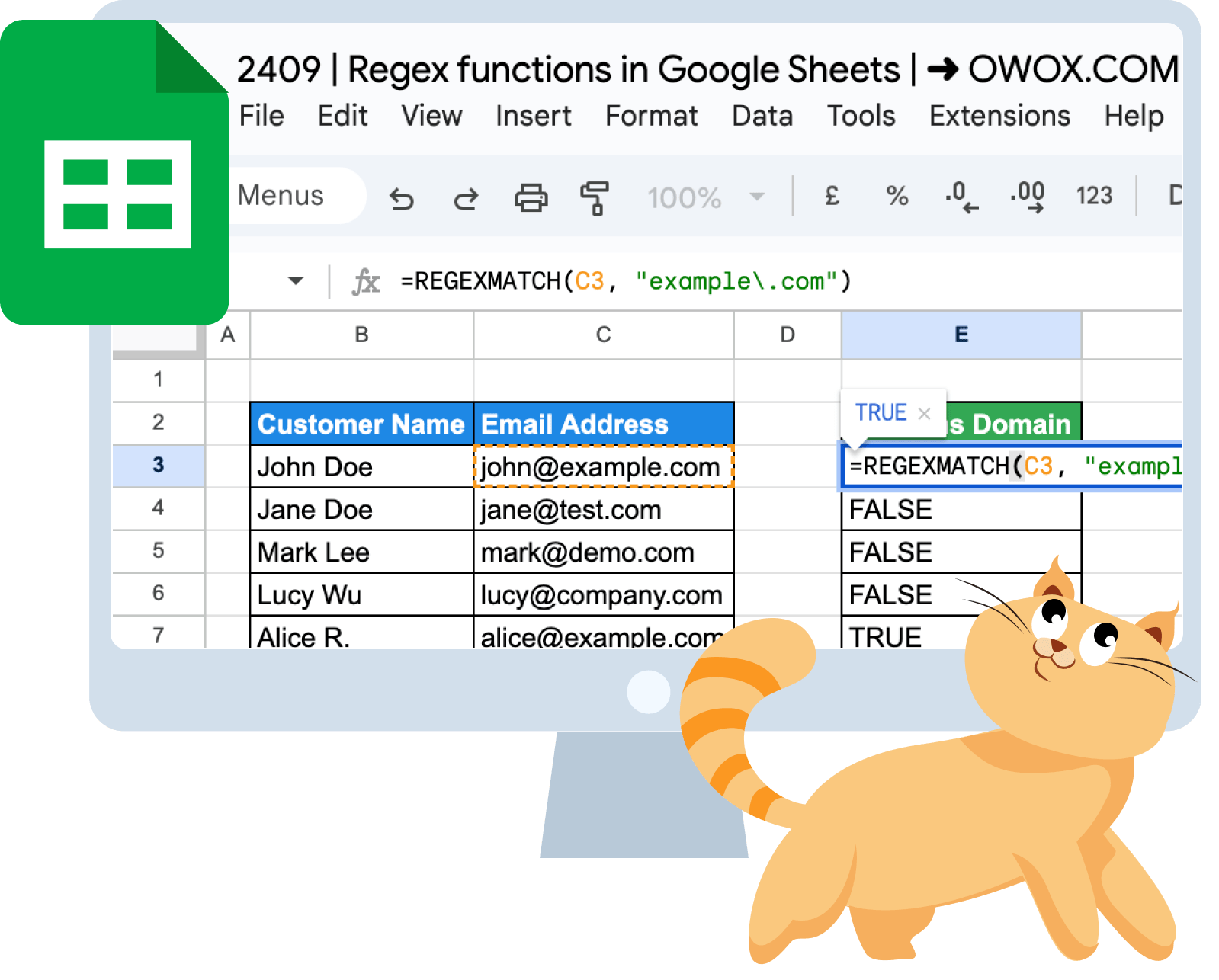 [Screenshot: Google Sheets showing a column of full URLs in column A, and the REGEXEXTRACT formula in column B returning clean domain names]