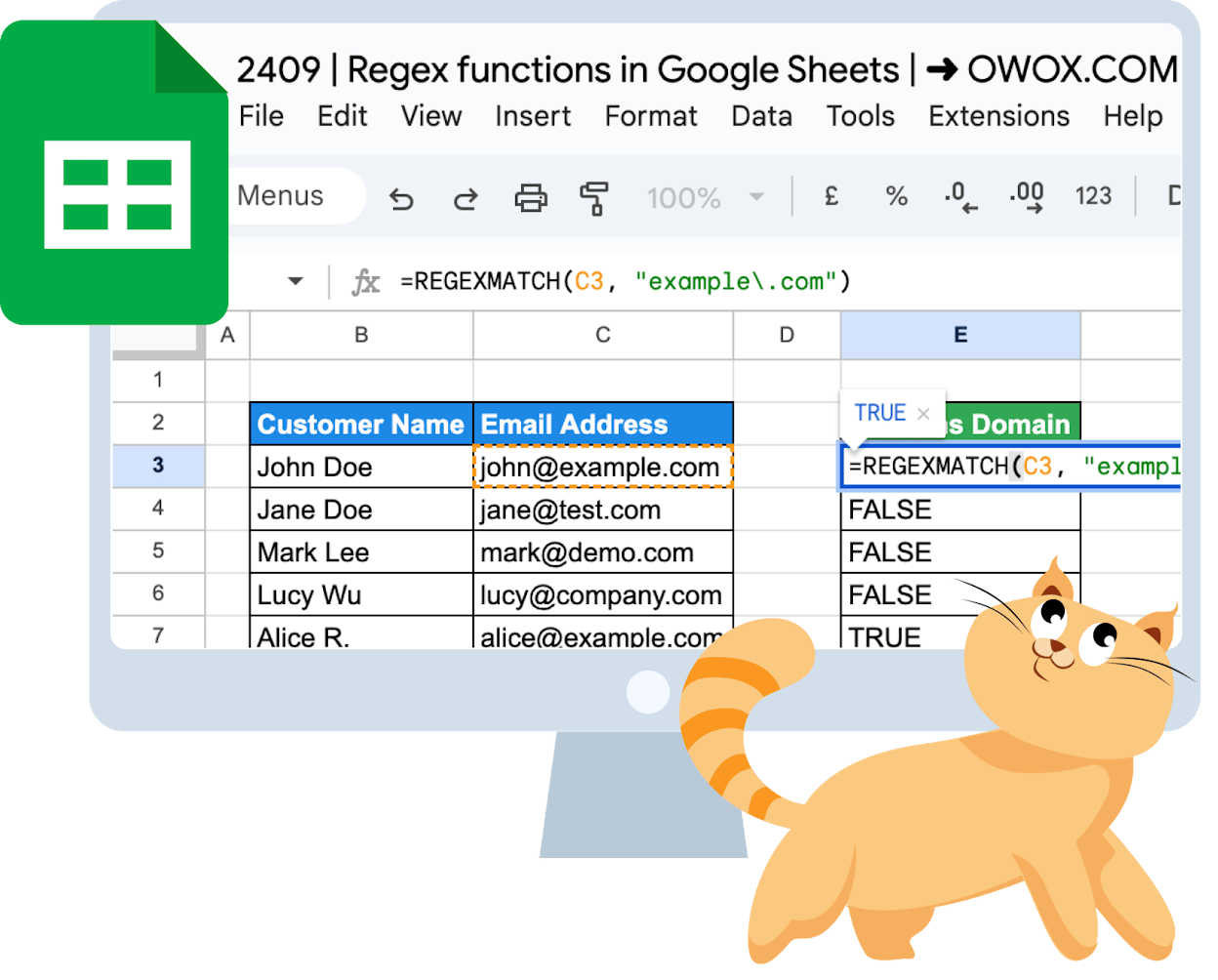 [Screenshot: Google Sheets showing a column of full URLs in column A, and the REGEXEXTRACT formula in column B returning clean domain names]