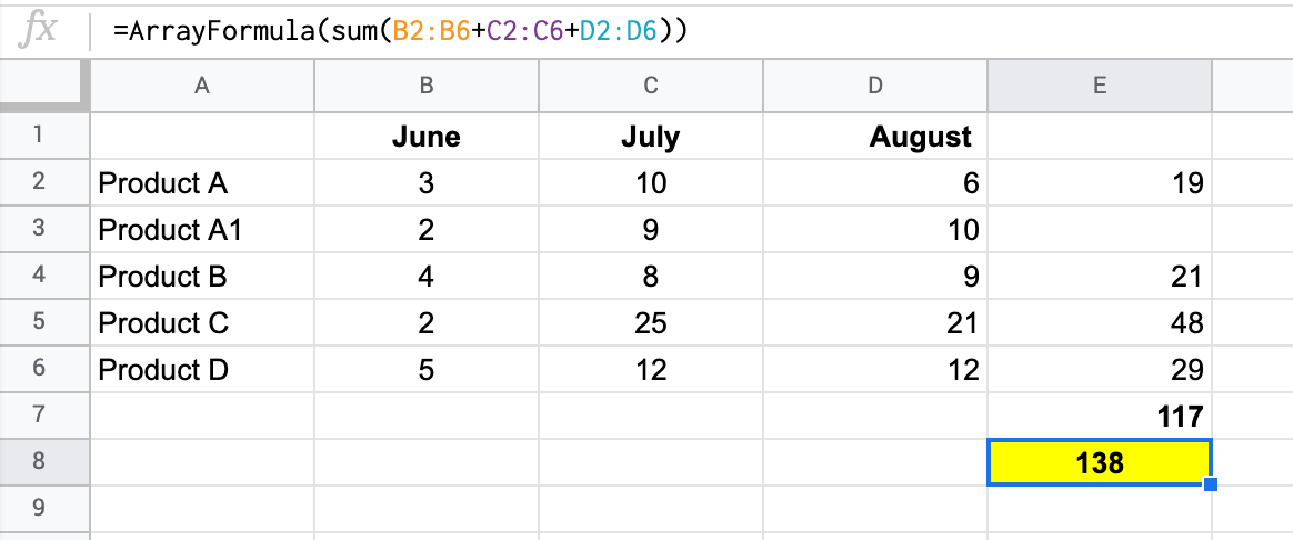 [Screenshot: Google Sheets showing the ARRAYFORMULA version extracting domains for all URLs simultaneously]
