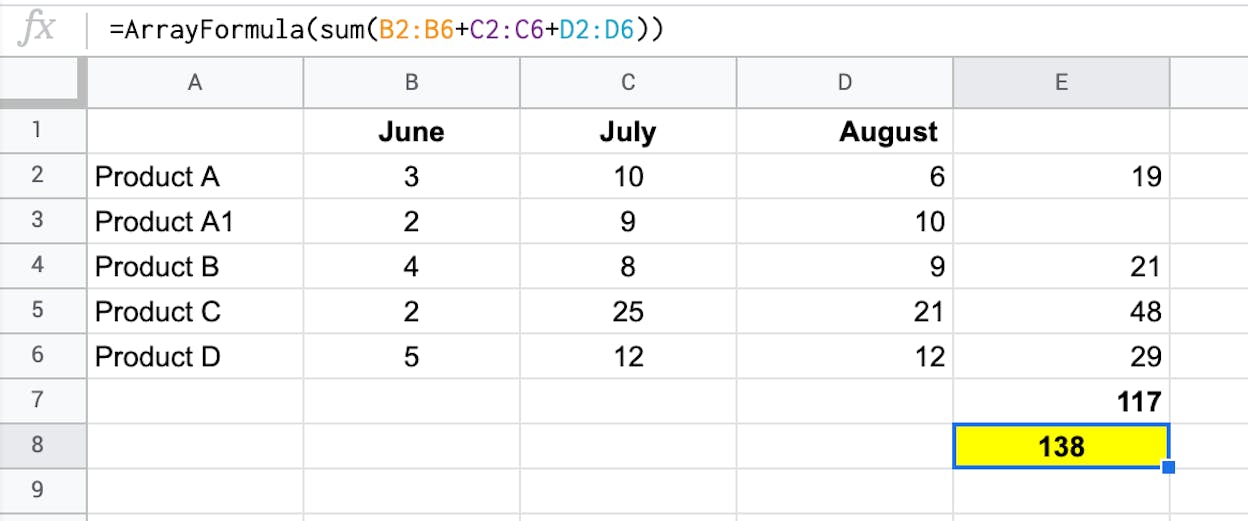 [Screenshot: Google Sheets showing the ARRAYFORMULA version extracting domains for all URLs simultaneously]
