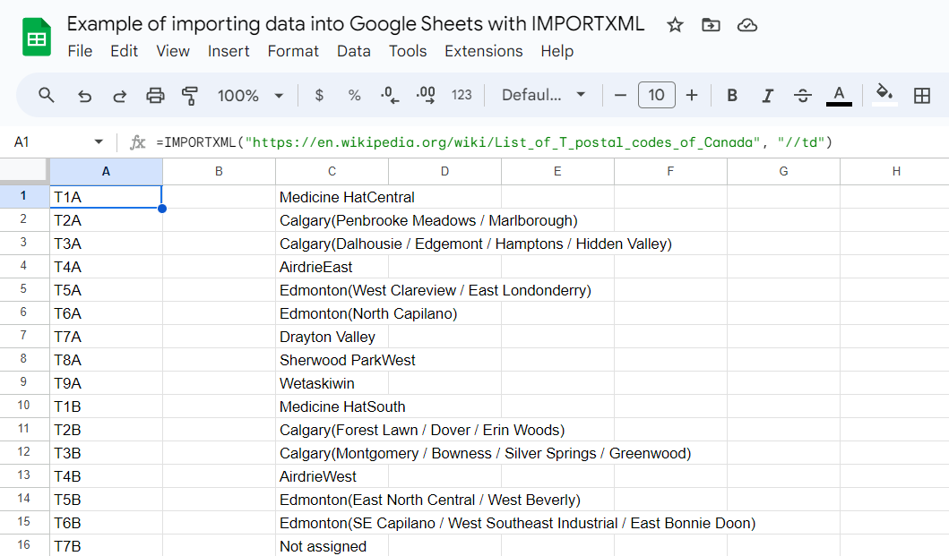 [Screenshot: Google Sheets showing a list of URLs in column A and IMPORTXML returning title tags in column B]