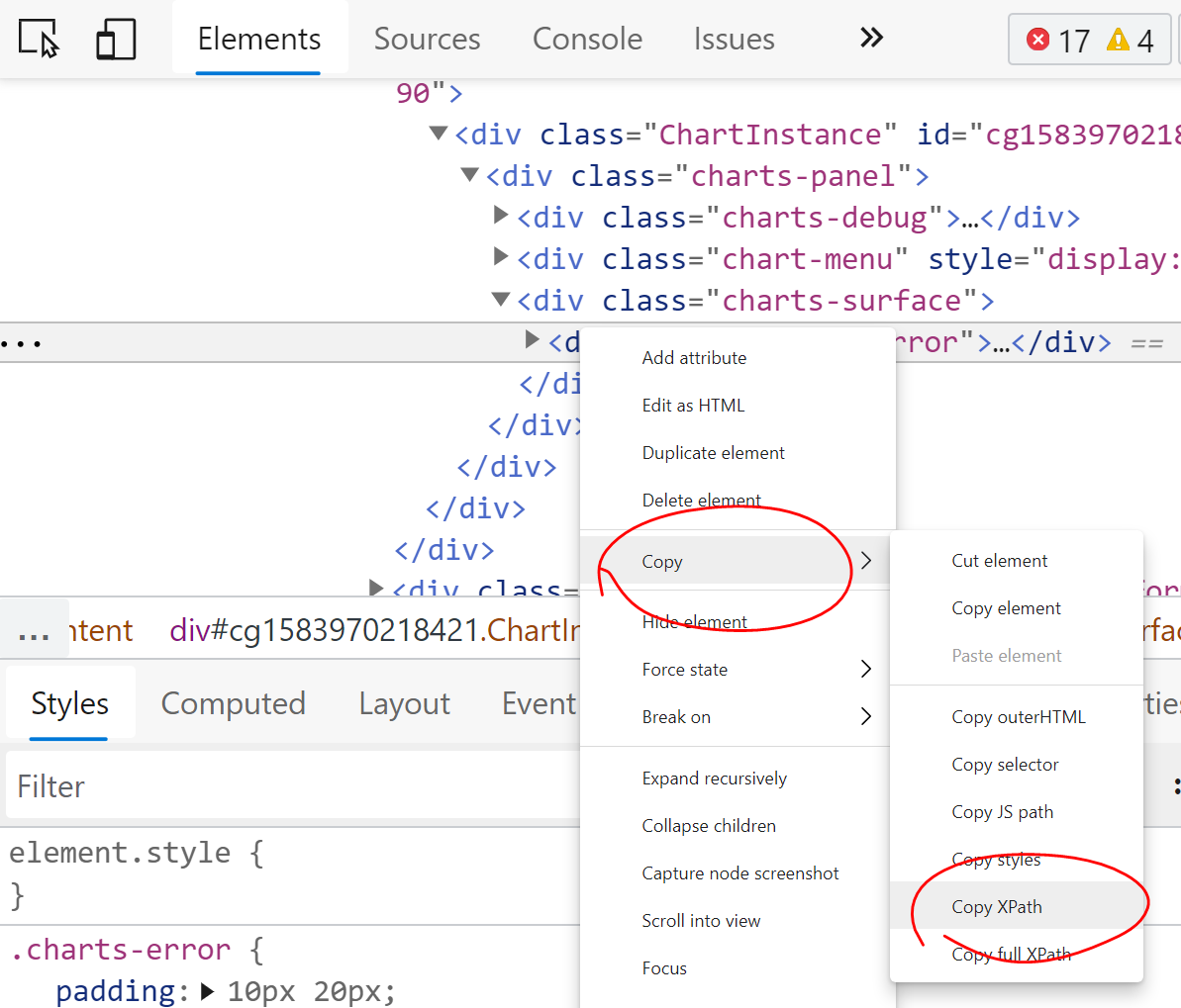 [Screenshot: Chrome DevTools showing how to right-click an element and copy its XPath]