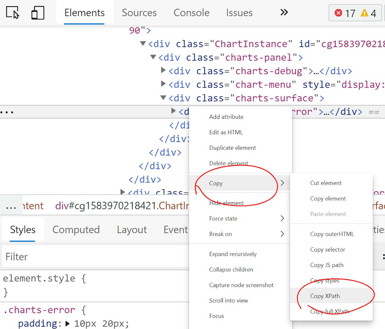 [Screenshot: Chrome DevTools showing how to right-click an element and copy its XPath]