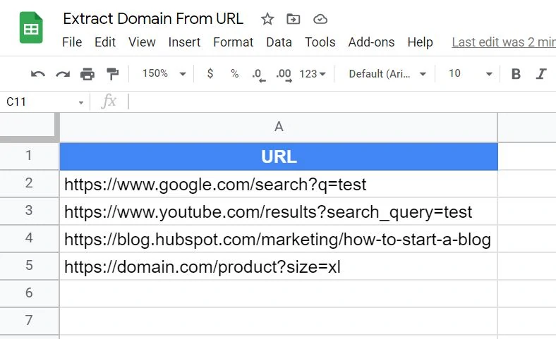 [Screenshot: Google Sheets showing a URL list with the SEARCH formula tagging blog post URLs in a separate column]