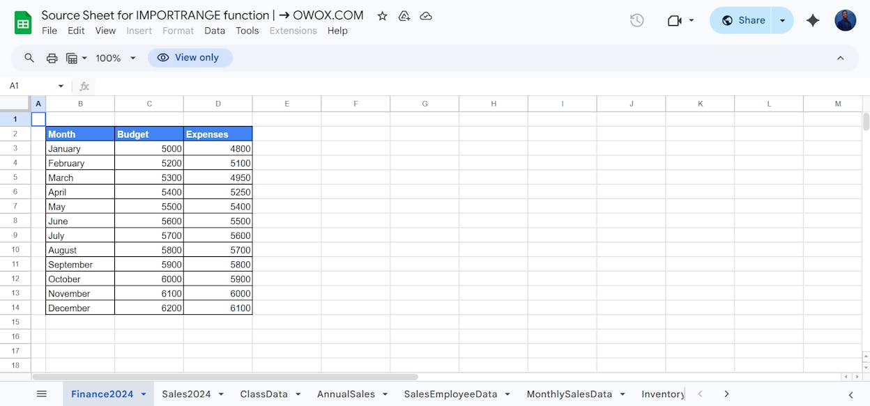 [Screenshot: Google Sheets showing an IMPORTRANGE formula pulling client reporting data from a separate spreadsheet, with the &ldquo;Allow access&rdquo; prompt visible]