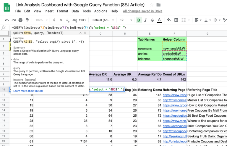 [Screenshot: Google Sheets showing a QUERY formula filtering a backlink report to show only dofollow links from DR 40+ domains]