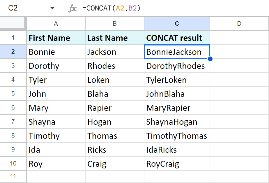 [Screenshot: Google Sheets showing domain and slug columns being combined into full URLs using CONCATENATE]