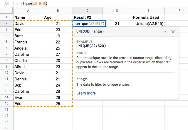 [Screenshot: Google Sheets showing a column of referring domains with duplicates, and UNIQUE in the next column showing only unique domains]