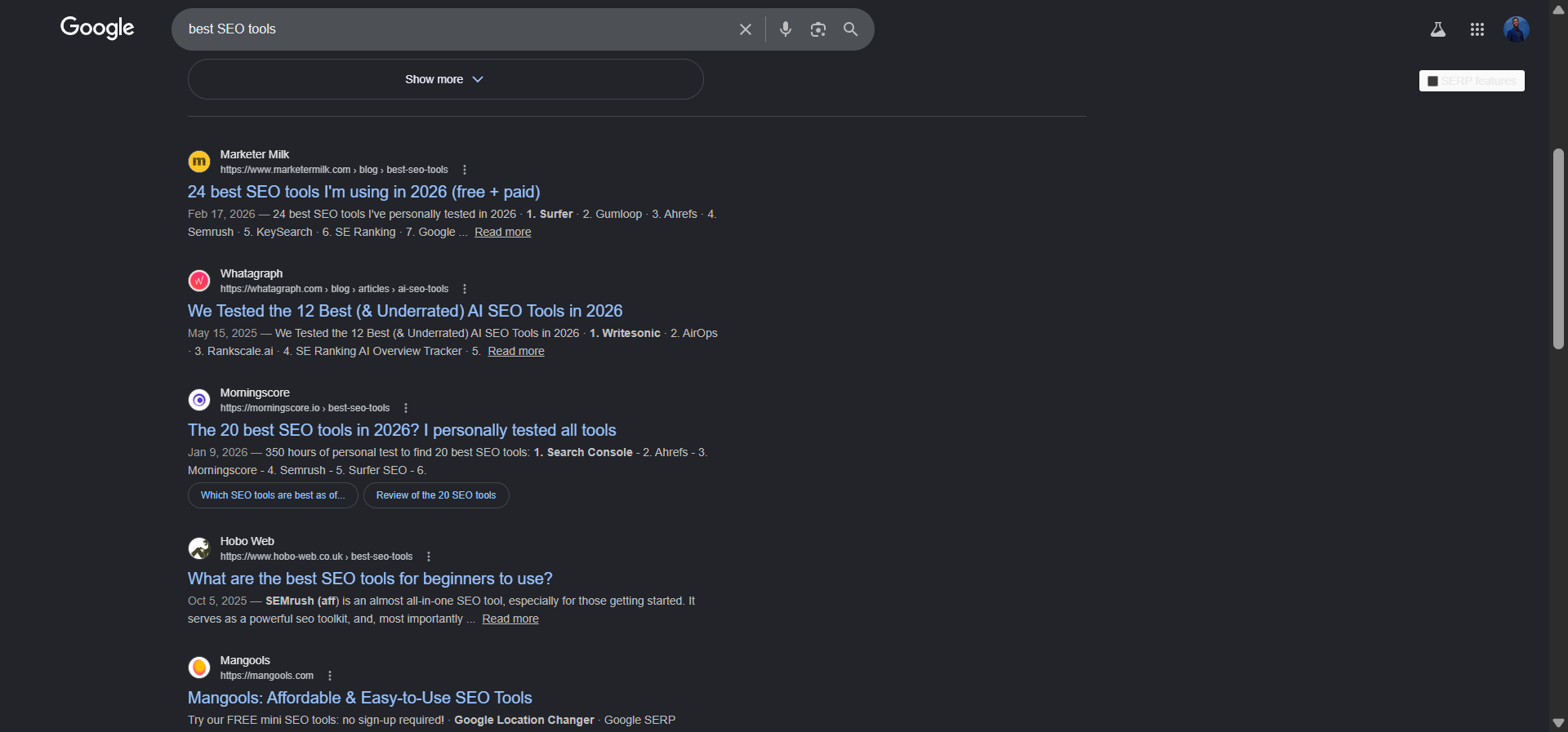 [Screenshot of Google SERP for &ldquo;best SEO tools&rdquo; showing a mix of listicles and comparison articles]