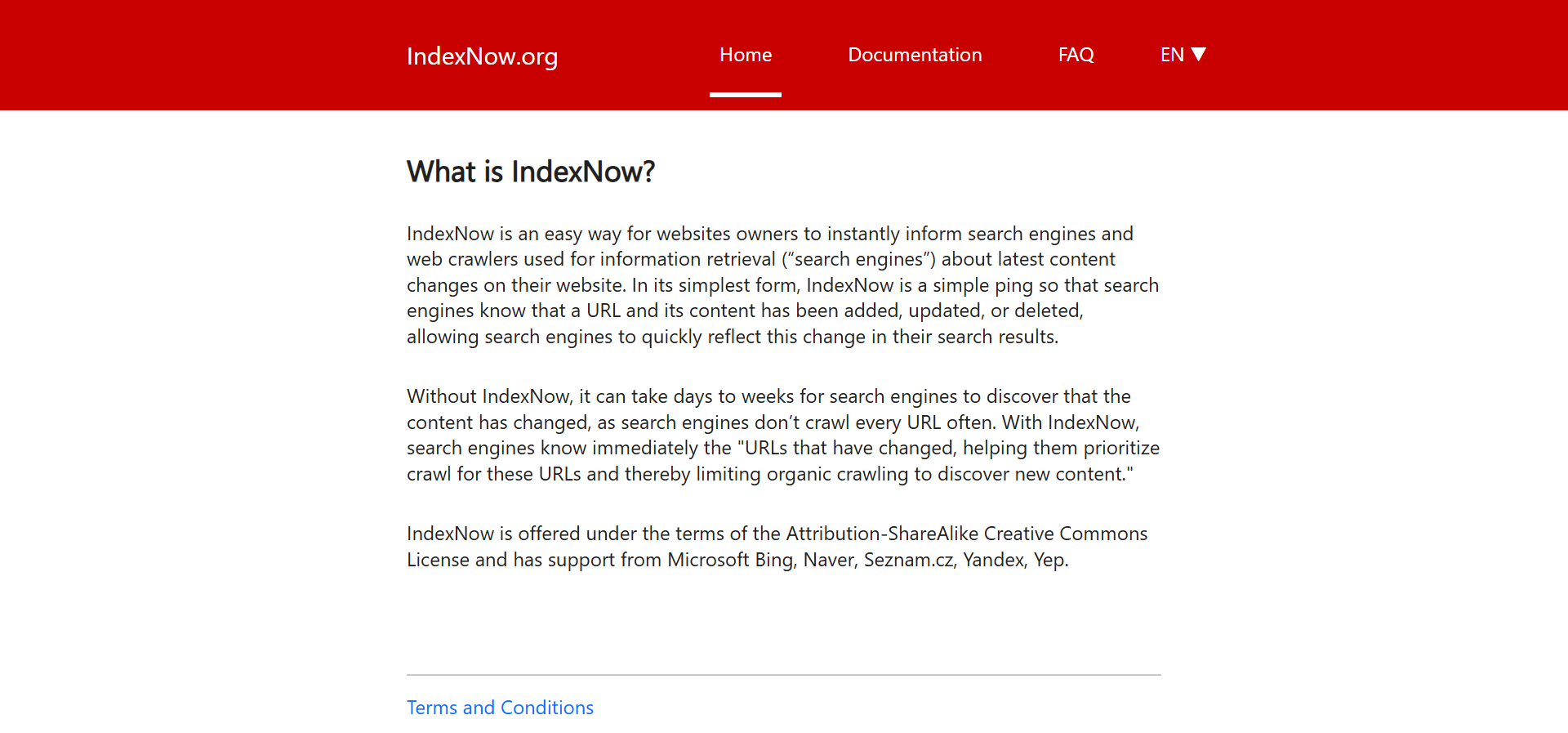 [Screenshot description: The IndexNow.org homepage showing where to generate an API key]