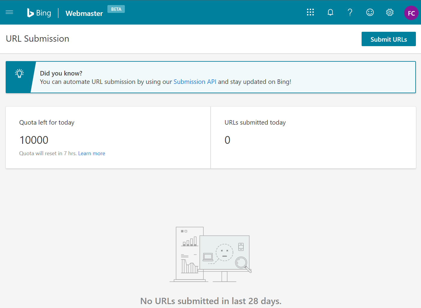[Screenshot description: Bing Webmaster Tools showing the IndexNow submission log with successfully submitted URLs]