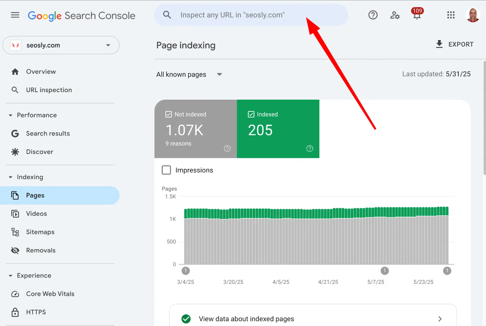 [Screenshot description: Google Search Console URL Inspection tool with the &ldquo;Request Indexing&rdquo; button highlighted]