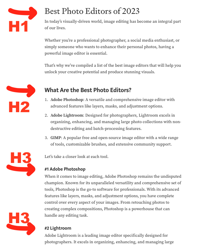 [Screenshot description: A side-by-side comparison showing a poorly structured heading hierarchy (all H2s, no H3s, vague labels) versus a well-structured one (H1 > H2 > H3, descriptive labels, logical flow)]