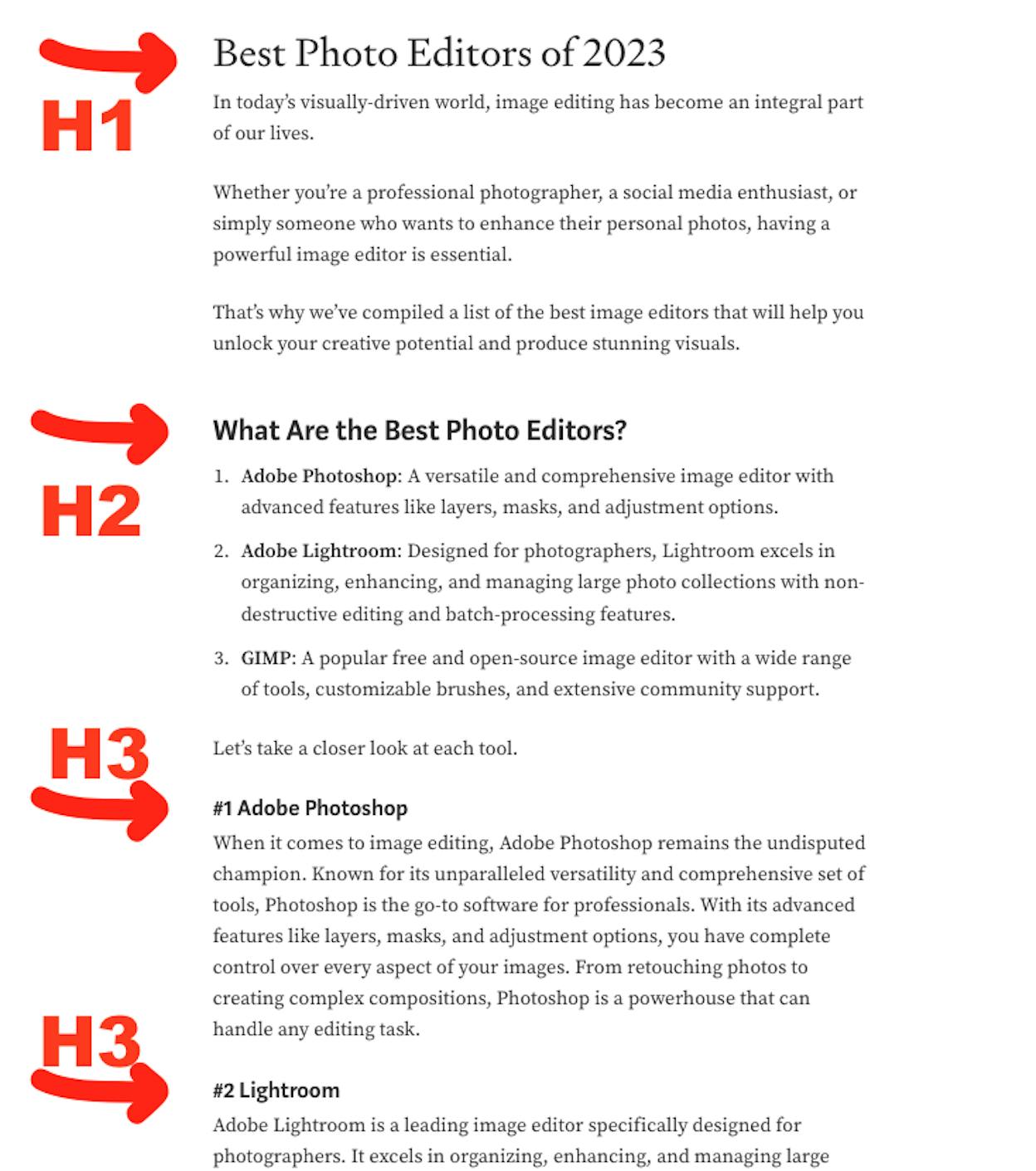 [Screenshot description: A side-by-side comparison showing a poorly structured heading hierarchy (all H2s, no H3s, vague labels) versus a well-structured one (H1 > H2 > H3, descriptive labels, logical flow)]