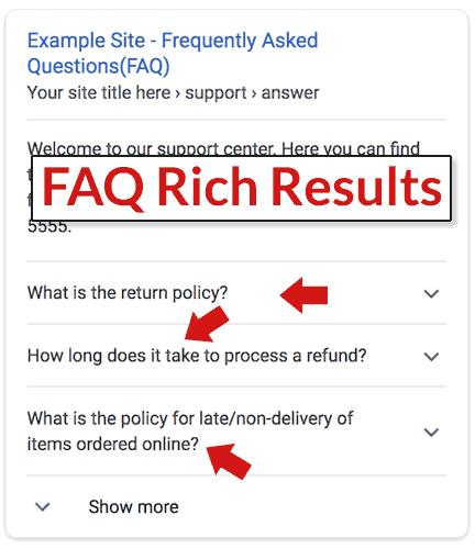 [Screenshot description: Google search results showing a page with FAQ rich results expanded below the main listing, taking up significantly more screen real estate than competing results]